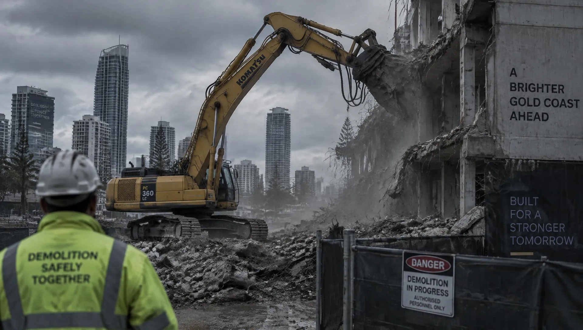 Excavator demolishing a concrete building on a Gold Coast demolition site
