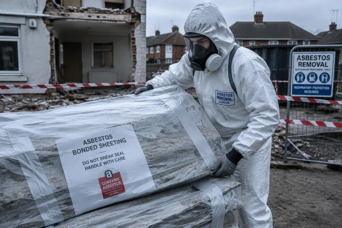 Licensed asbestos removalist wrapping bonded asbestos sheeting for disposal