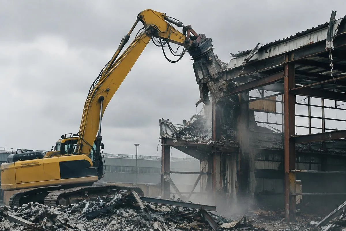 Excavator with hydraulic shear dismantling a steel-framed industrial building