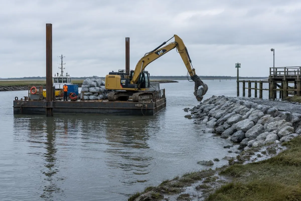 Excavator working from a barge placing rock for marine construction works